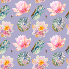 Fototapeta na wymiar Watercolor Seamless Pattern with Romantic flowers of water lily on blue background.