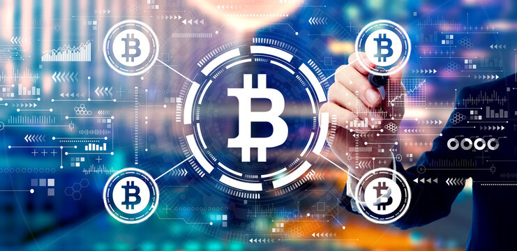 Bitcoin theme with businessman on night city background