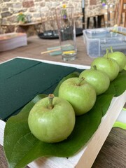 Atelier de création d'un montage floral avec des fleurs roses, des feuilles et des petites pommes