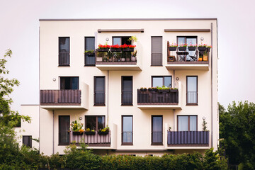 Residential Apartment Building with Modern Balcony and Shutters Windows in Germany, New Exterior...