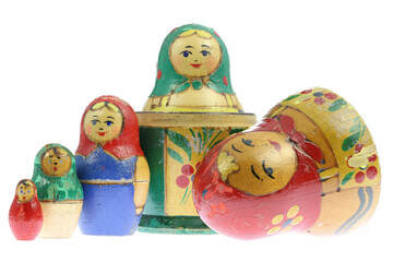 old Matryoshka dolls set isolated on white background
