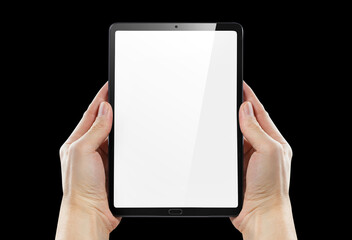 Hands with tablet computer, isolated on black background