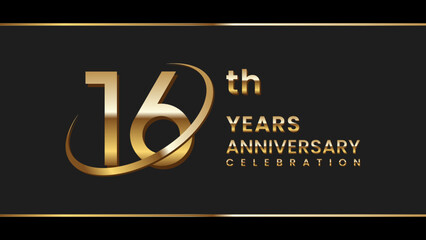 16th anniversary logo design with gold color ring and text. Logo Vector Illustration