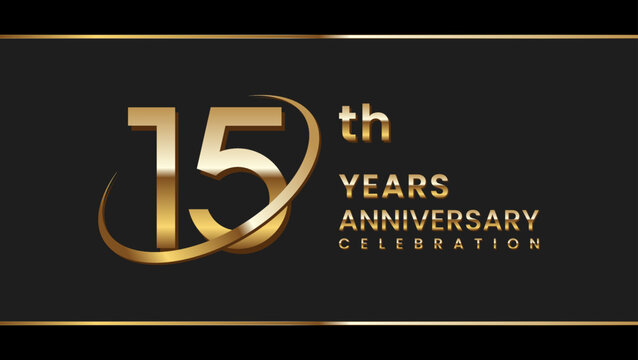 15th anniversary logo design with gold color ring and text. Logo Vector Illustration