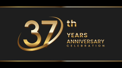 37th anniversary logo design with gold color ring and text. Logo Vector Illustration
