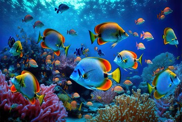 Fototapeta na wymiar fishes of the tropics in a coral reef environment Generative AI