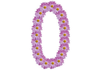 Number zero made with pink flower isolated on white background. Spring concept idea.