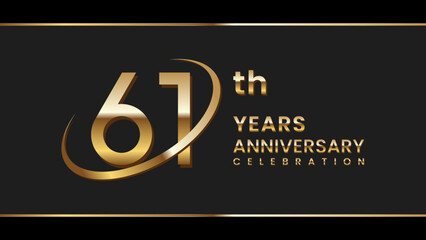 61th anniversary logo design with gold color ring and text. Logo Vector Illustration