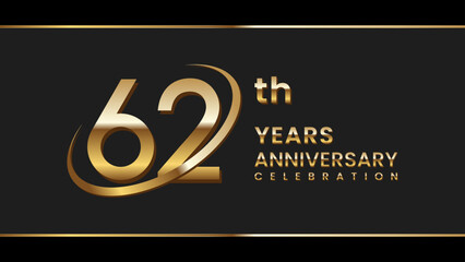 62th anniversary logo design with gold color ring and text. Logo Vector Illustration