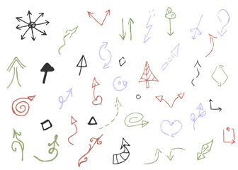 Set of colored arrows of different shapes and sizes in the style of a doodle, hand-drawn. Vector illustration, on white background