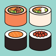 Sushi Rolls with Red Сaviar and Salmon, Vector Illustration on a Blue background