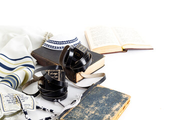 Tallit and tefillin and jewish Kippah yarmulke (hat)  on white background