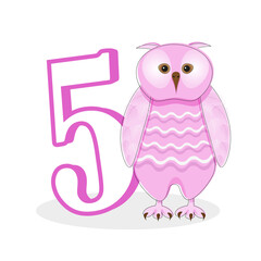 Pink owl with the number 5. Cute character for a children's card or an invitation to a birthday party
