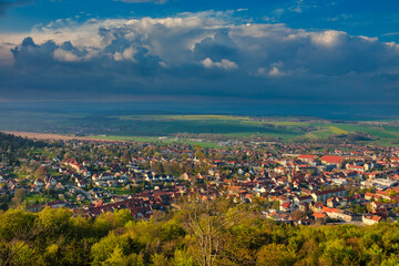 Houses in the city of Bleicherode, Germany. View from the top of german little city in spring day.