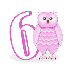 Pink owl with the number 6. Cute character for a children's card or an invitation to a birthday party