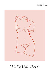 Vector poster of the beautiful nude female statue on pastel pink background. Vector illustration
