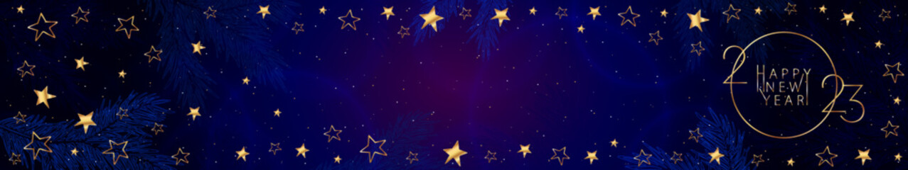 Obraz na płótnie Canvas Happy New Year 2023. Festive blue banner of bright color with a stylized golden inscription, stars, highlights and blue spruce branches. Website header banner
