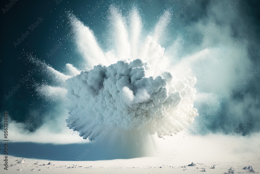 Poster white powdery snow, ice, or snowflakes exploding and splashing down from the skies. generative ai