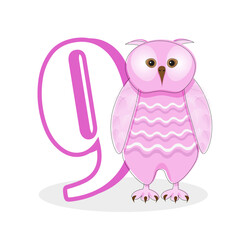 Pink owl with the number 9. Cute character for a children's card or an invitation to a birthday party
