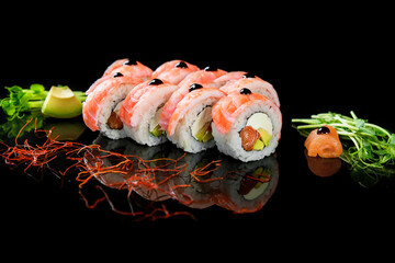 Fresh, mouth-watering sushi with shrimp and microgreens prepared in a Japanese restaurant. Seafood dishes of traditional Japanese cuisine.