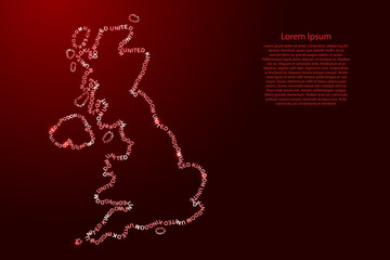 United Kingdom map country along contour of recurring english red words name of state Great Britain and glowing space stars