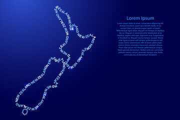 New Zealand map country along contour of recurring english blue words name of state and glowing space stars