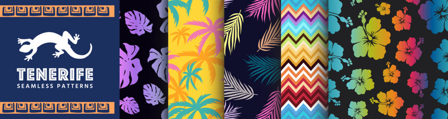 Tenerife Collection of Seamless Patterns. Set of graphics with palm trees, monsteras, flowers, leafs. Designs for beach towels, wrapping paper, backgrounds, apparel and textiles. Summer illustrations