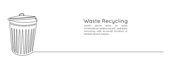 One continuous line drawing of metallic garbage container. Recycling waste dustbin in simple linear style. Trash box with opened lid and empty space in editable stroke. Outline vector illustration