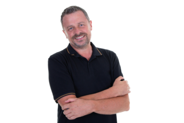 portrait of caucasian mature middle-aged man in black shirt looking at camera and smiling isolated cutout PNG on transparent background