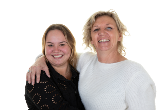 Mature mother and adult daughter laughing smiling together family concept in isolated cutout PNG on transparent background