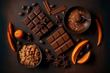 Assortment of chocolate bars and cocoa powder shot from above. Hazelnuts, almonds, dried orange slices, cinnamon sticks and vanilla beans complete the composition. Generative AI