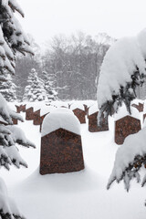 tombstone in a cemetery covered with snow in winter.