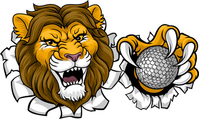 A lion with golf ball sports team cartoon animal mascot