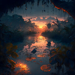 Fototapeta na wymiar Beautiful Sunset Scenery, amazon jungle illustartion