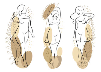 Beautiful woman figure silhouette in modern single line continuous style. The girl is overweight. The lady is standing. Vector illustrations.