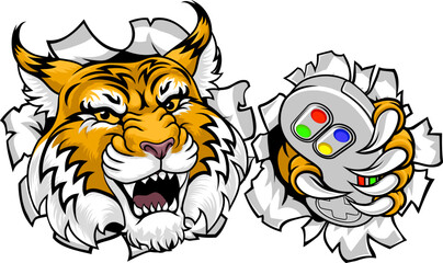 A wildcat or bobcat gamer with video game controller sports team animal mascot