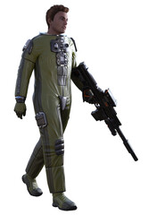 Fototapeta premium space soldier armed with futuristic rifle, 3d rendering