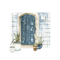 Watercolor Door clipart. Garden botanical illustration.