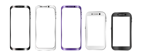 Smartphones, mobile phones isolated with blank screen