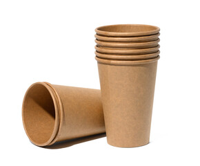 Empty brown paper disposable cups on a white background, concept eco-friendly