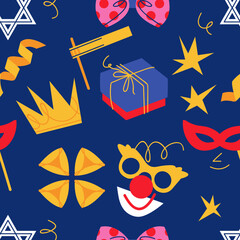 Vector background with carnival symbols and traditional Jewish items. Happy Purim concept.