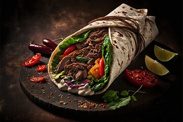 Traditional Turkish doner kebab in a tortilla wrap with fresh vegetable ingredients served. Generative AI