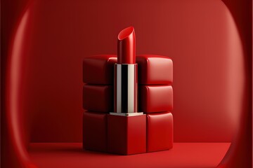 Premium Deep Red lipstick product on square stage. Isolated on red background. Lipstick 3d illustration stock photo Lipstick, Cut Out, Merchandise, Poster, Beauty. Generative AI - obrazy, fototapety, plakaty