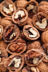 Peelled walnut close up. Food background.