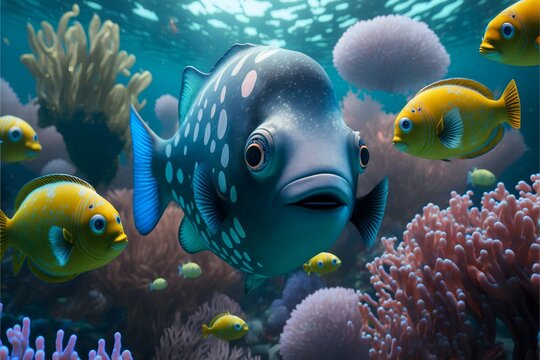 Funny colorful fish on underwater background.Ocean landscape bright cartoon illustration of flora and fauna.AI generated.