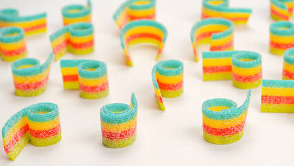 Fototapeta na wymiar Assorted colorful gummy candies. Top view. Jelly donuts. Jelly bears. Isolated on a white background.