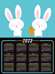 Calendar of the year 2023 On the blue background there are two rabbits above.