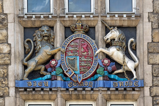 LONDON, UK - AUGUST 25, 2017:   Royal Coat of Arms carved in to ornate window on Armoury House, the HQ of the Honourable Artillery Company (HAC)