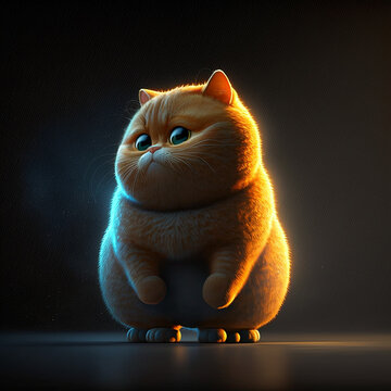 A 3D rendered computer-generated image of an adorable fat cat on black background