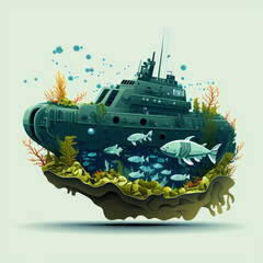 Children's book illustration of a whale like submarine underwater. 